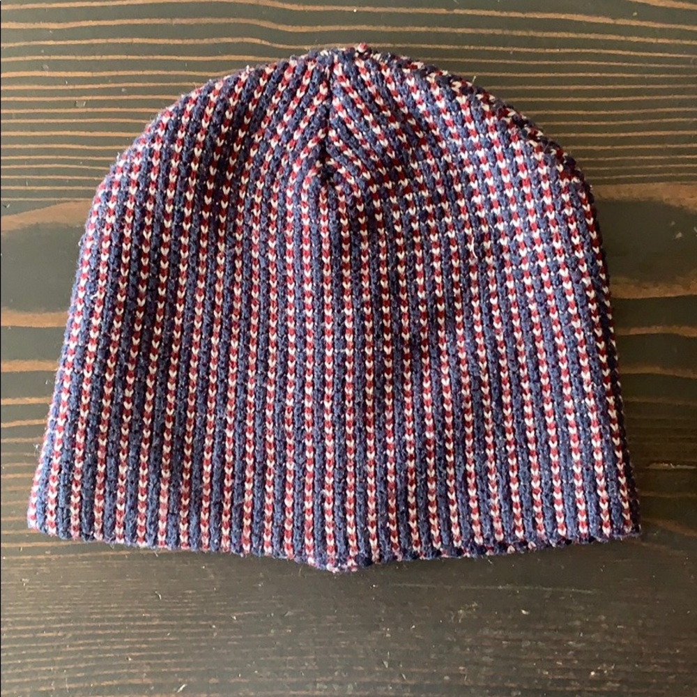 Burgundy, navy, and light grey short beanie.